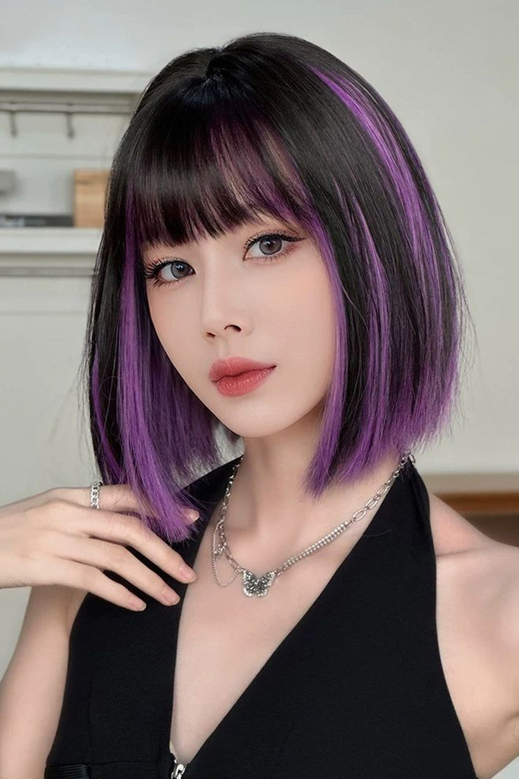 Y2K schwarze Basis lila Gesicht Rahmen Highlights gerade Bob süße Lolita Perücke mit stumpfen Pony