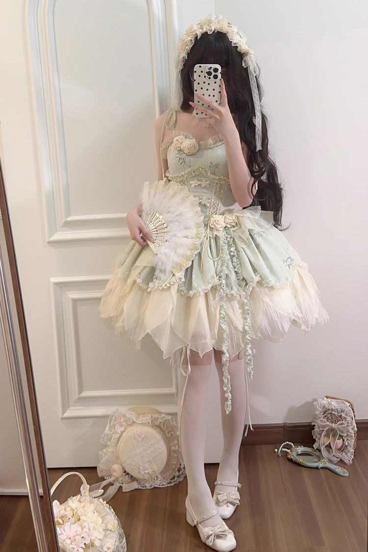 Green [Tea Bamboo Song] Sleeveless Print Ruffle Bowknot Sweet Chinese Style Elegant Ballet Lolita Jsk Short Dress