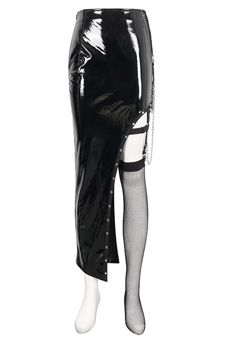 Black Irregular Patent Leather Women's Punk Skirt With Mesh Stocking