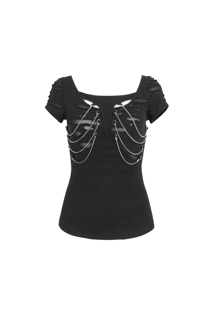 Black Short Sleeves Hollow Ripped Women's Steampunk T-Shirt