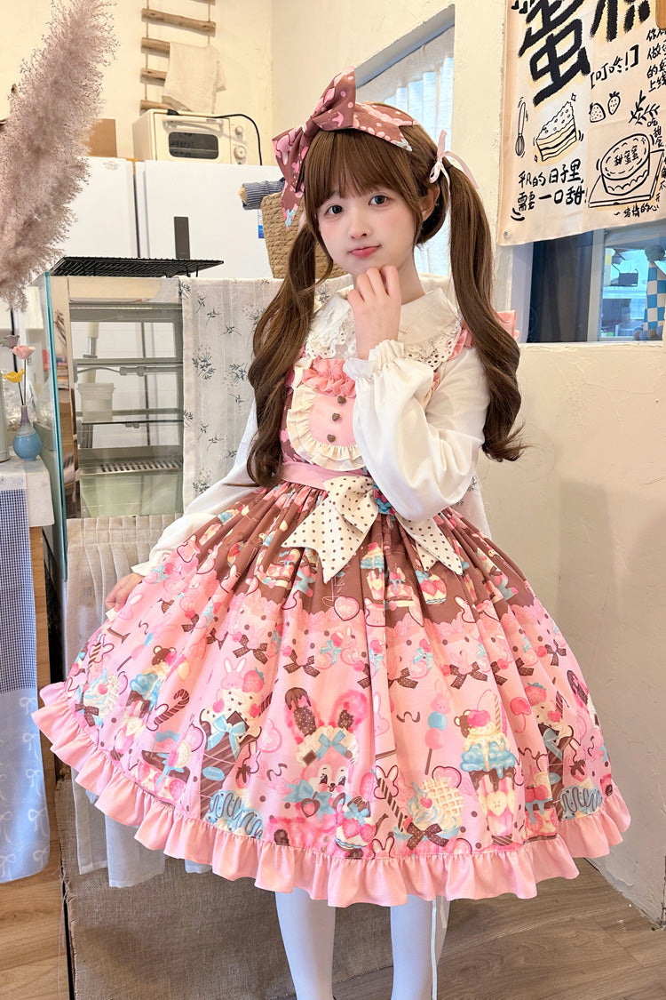Pink [Bunny Tea Party] Sleeveless Print Ruffle Bowknot Daily Sweet Lolita Jsk Dress
