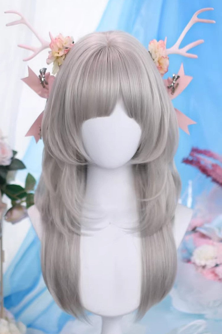 Perruque Lolita douce quotidienne Moonfog gris argenté en couches vaporeuses Air Bangs