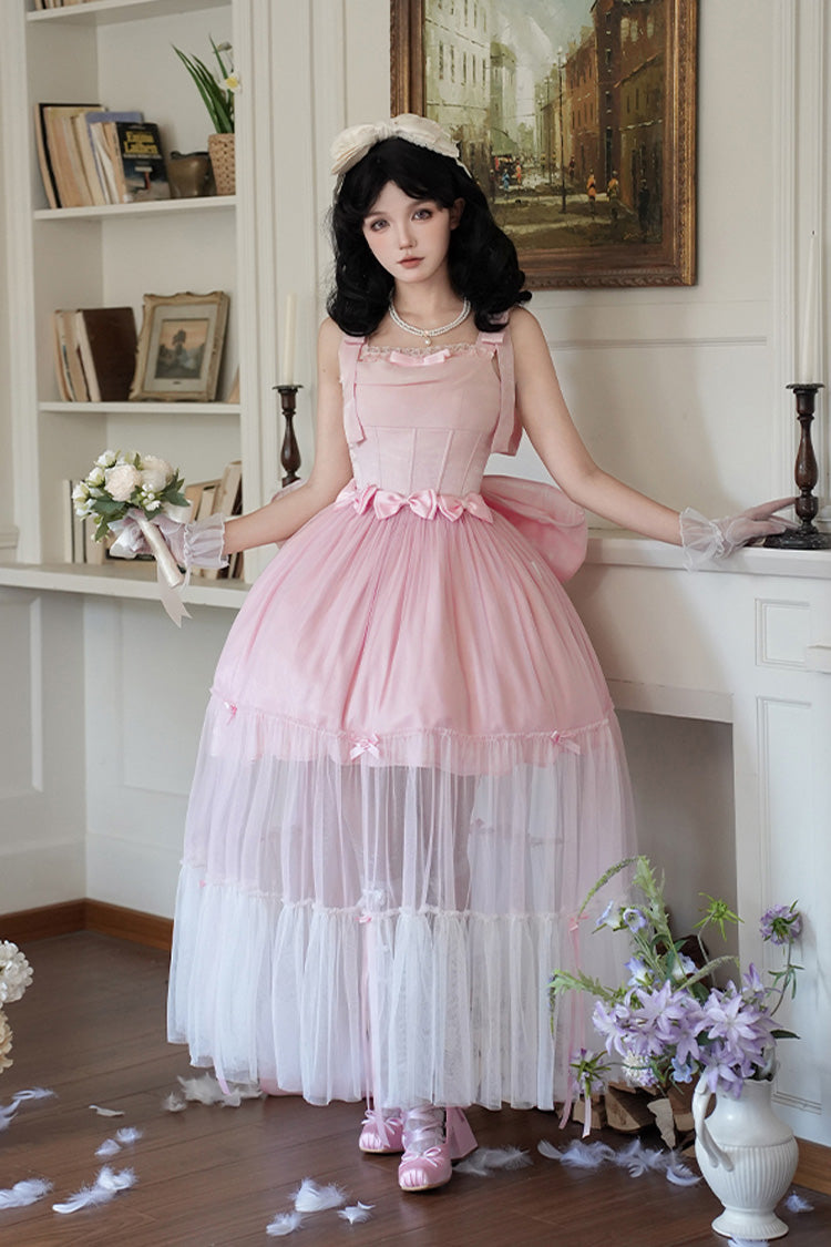 Robe Jsk Sweet Lolita sans manches avec nœud papillon et volants en os de poisson [Mer Mousseuse] rose 