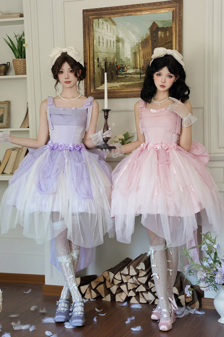 Robe Jsk Sweet Lolita sans manches avec nœud papillon et volants en os de poisson [Mer Mousseuse] rose 