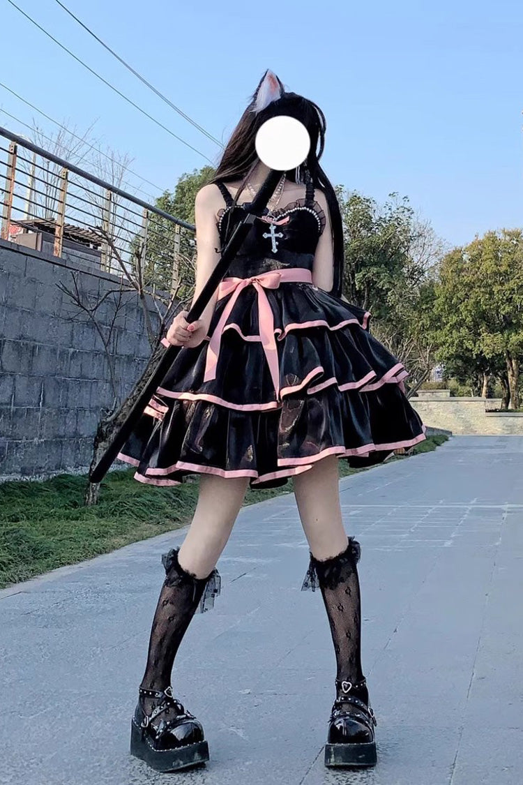 Rose Contrast Color Large Swing Tiered Sleeveless Gothic Lolita JSK Dress 3 Colors