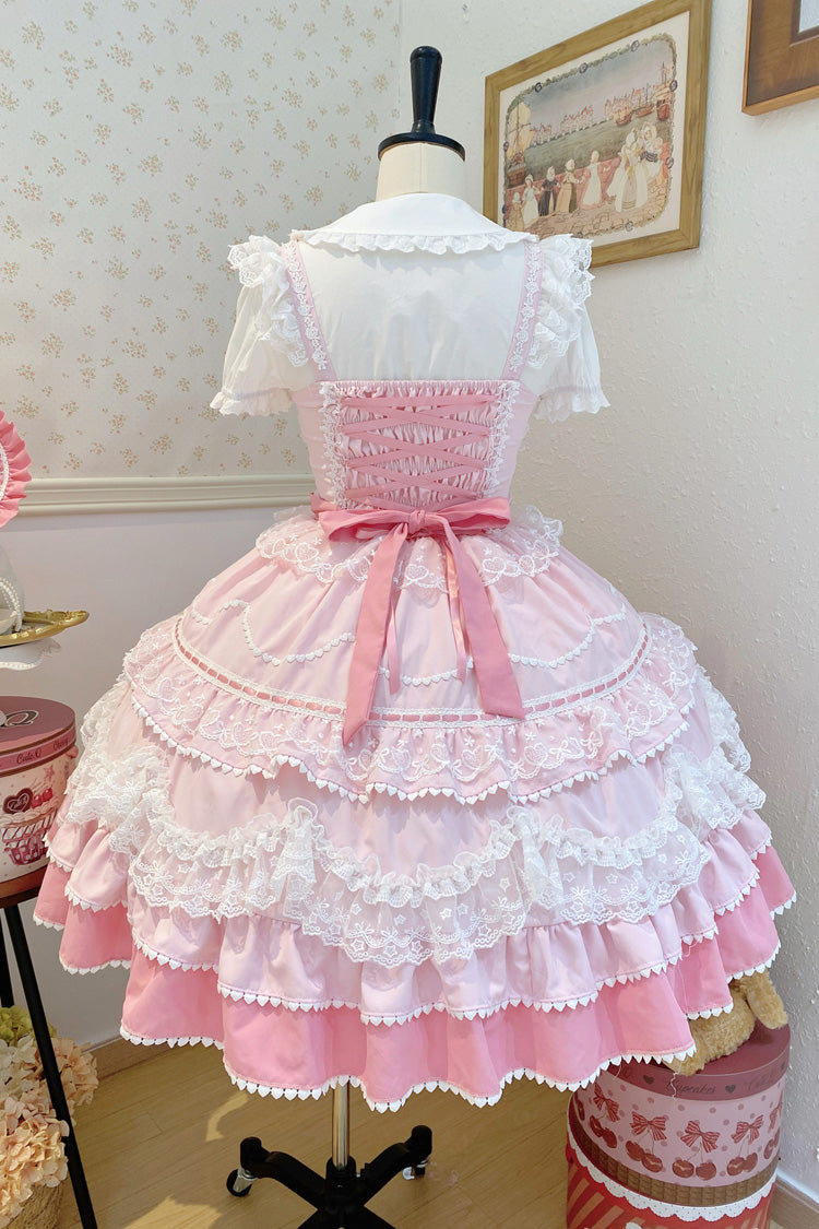 Pink [Fondant Cake] Sleeveless Multi-Layered Ruffle Bowknot Lace Sweet Lolita Jsk Dress