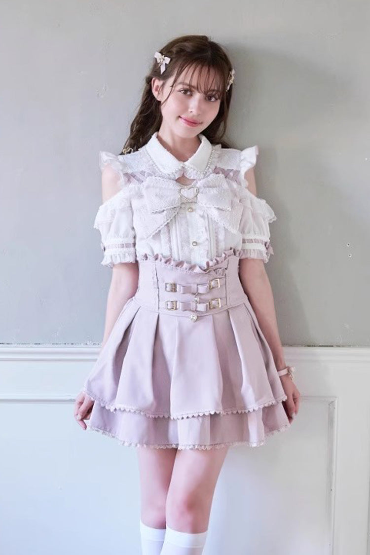 Sweet Lapel Collar Off Shoulder Short Sleeves Bowknot Pearl Jirai Kei Japanese Blouse 3 Colors