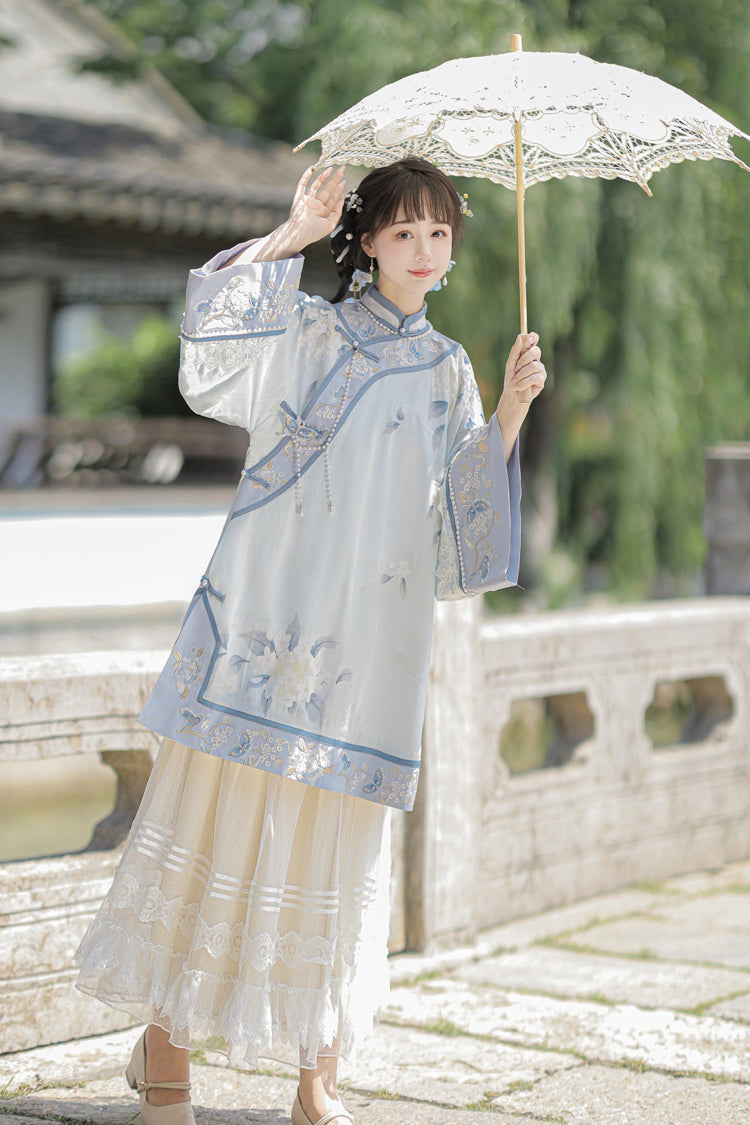 ブルー [フラワールーム] スタンドカラー長袖ハイウエストプリント刺繍レディーススイートクラシック漢服ドレスセット