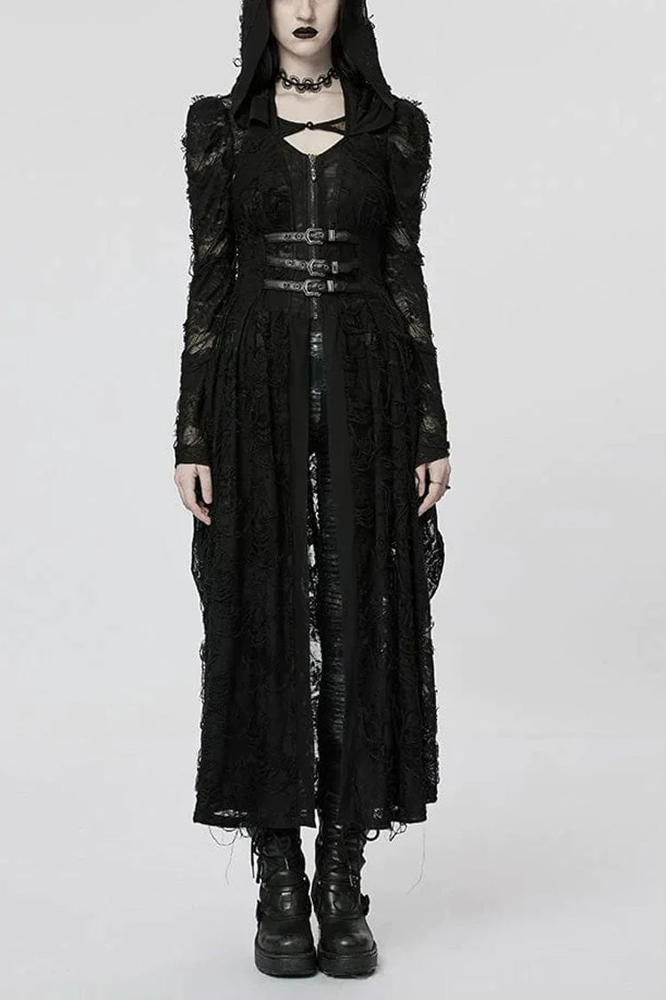 Black Two-piece Knit Ripped Hooded Womens Gothic Coat