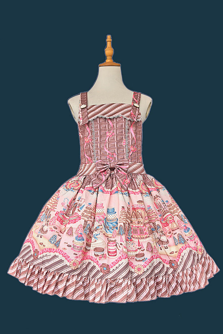 Braun/Pink [Candy House] Süßes Lolita-Trägerkleid mit quadratischem Kragen, ärmellos, bedruckt, mit Rüschen und Schleife