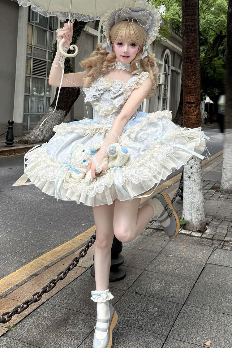 Blue [Blossoming Heart Love ] Sleeveless Dark Jacquard Print Bowknot Lace Sweet Lolita Jsk Dress