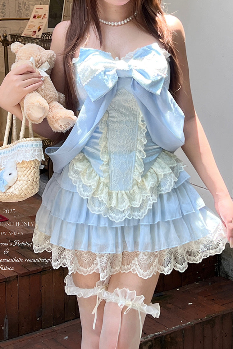 Blue [Antique Girl] Sleeveless Double-Layered Ruffle Bowknot Lace Sweet Lolita Two-piece Skirt Set