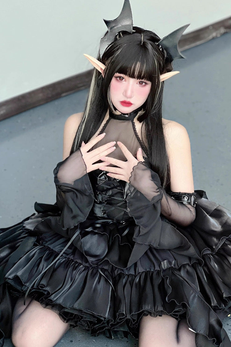 Pure Black Little Devil Sexy Princess Slim Gothic Lolita Strapless Tiered Dress