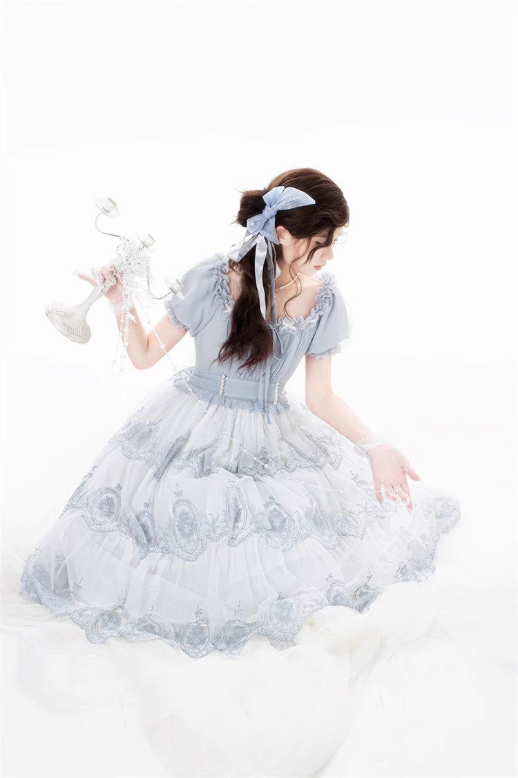 Light Blue Flower Promise Short Sleeves Multi-layer Print Sweet Elegant Princess Lolita Dress