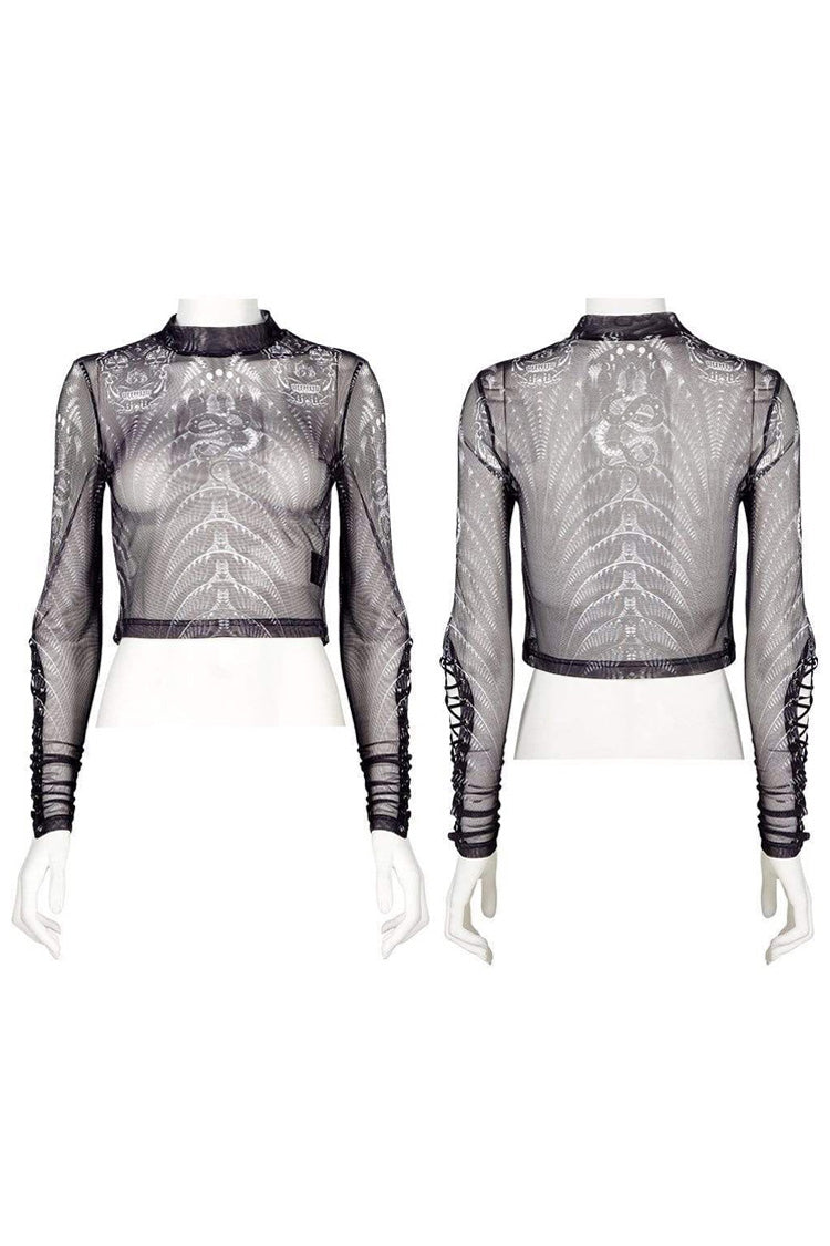 Schwarz/Weiß Gothic Persönlichkeit Totenkopf Druckmuster Elastizität Mesh Eng Sexy Perspektive Krawatte Kordel An Der Manschette Damen Hemd