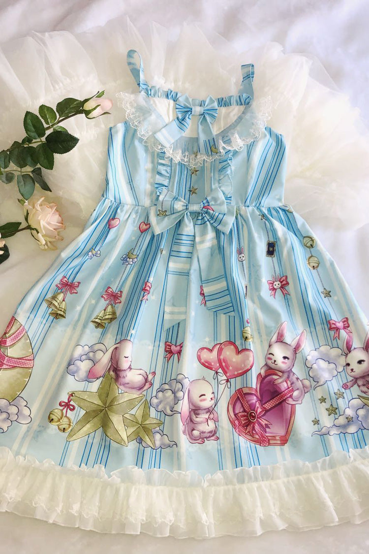 [Bunny Star Paradise] Robe Jsk Lolita douce sans manches imprimée à volants avec nœud en dentelle 4 