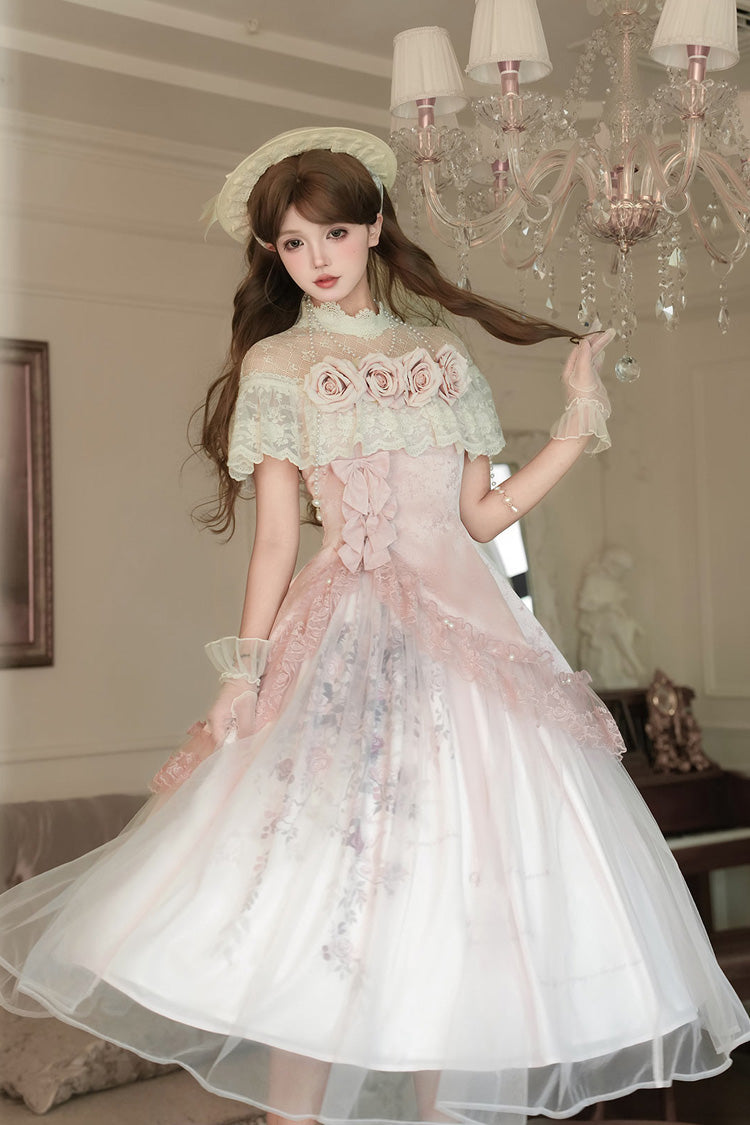 Ensemble de robe Lolita élégante et douce asymétrique en dentelle avec nœud de broderie à volants rose [Poèmes de Rose] 