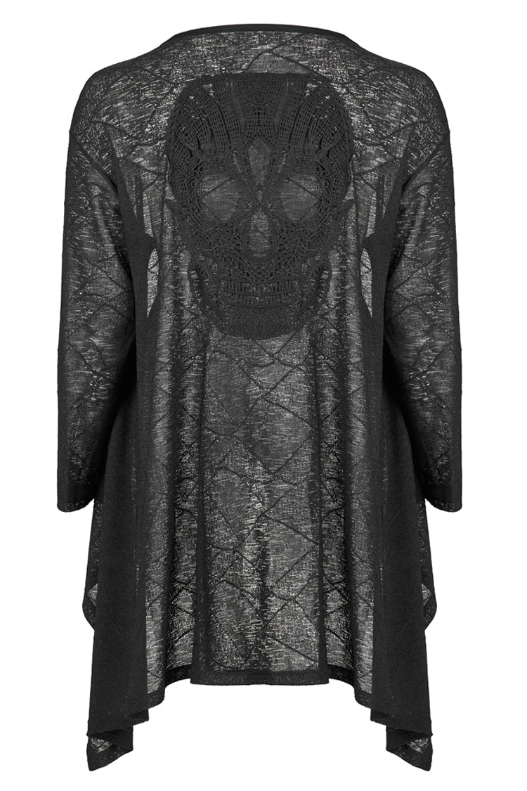 Black Soft Knitting Mottled Texture Asymmetric Hem Skull Decal On The Back Women's Plus Size Gothic Jacket
