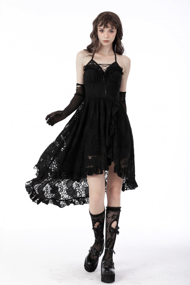 Robe gothique noire à épaules dénudées et col licou, à volants, à lacets, queue d'hirondelle, en dentelle florale, pour femmes