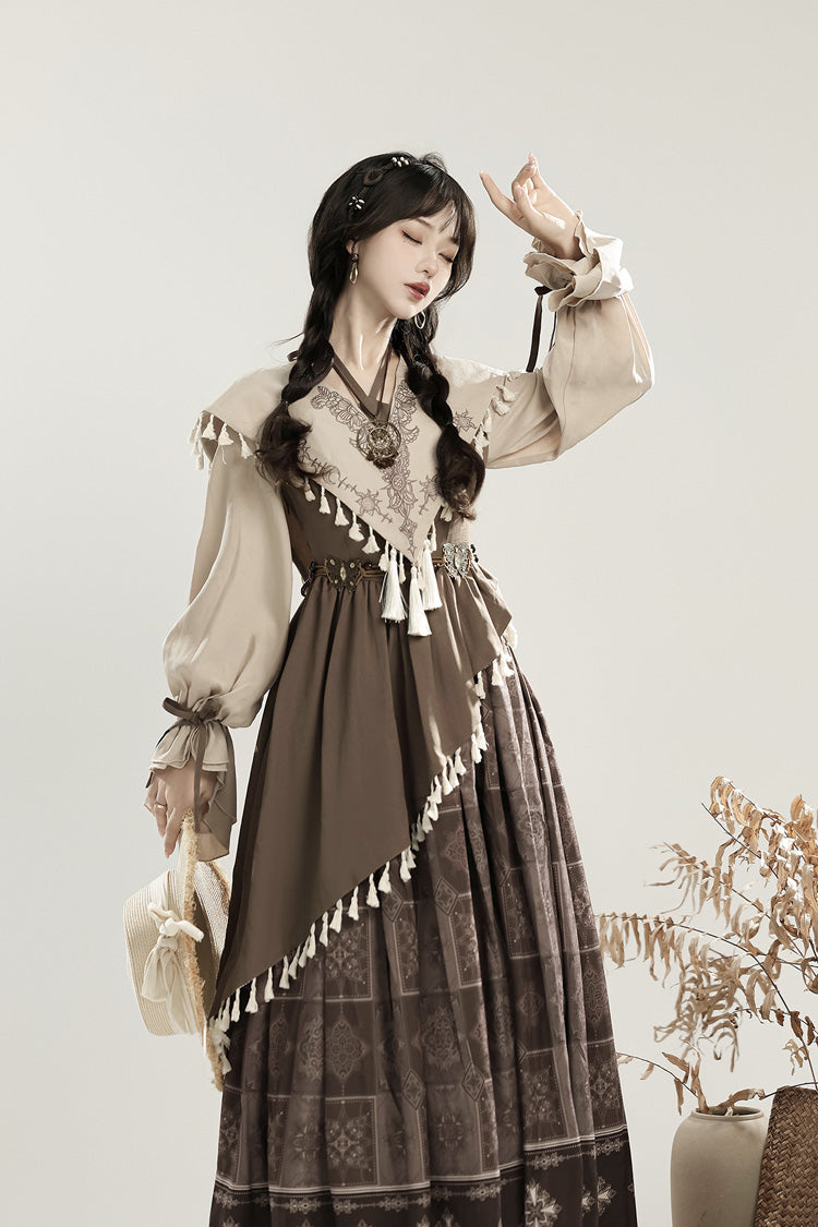 Brown [Mysterious Tribe] Long Lantern Sleeves Print Ruffle Asymmetric Sweet Chinese Style Lolita Dress