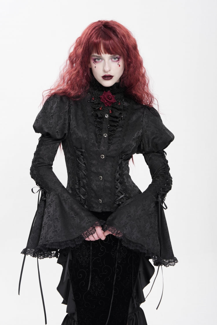 Black Stand Collar Long Puff Sleeves Floral Jacquard Lace-Up Women's Gothic Blouse