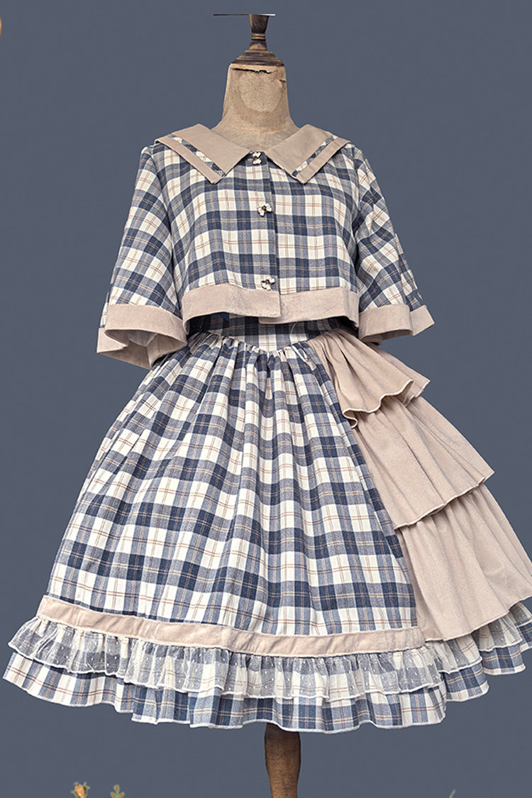 Grey/Blue [Morning Tune] Sleeveless High Waisted Print Ruffle Asymmetric Sweet Lolita Strap Dress