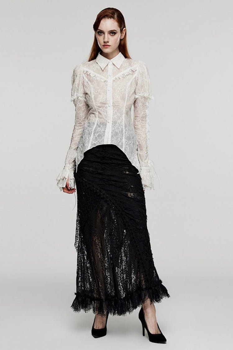 Women's Lapel Collar Long Sleeves Print Stitching Lace Gothic Blouse 2 Colors
