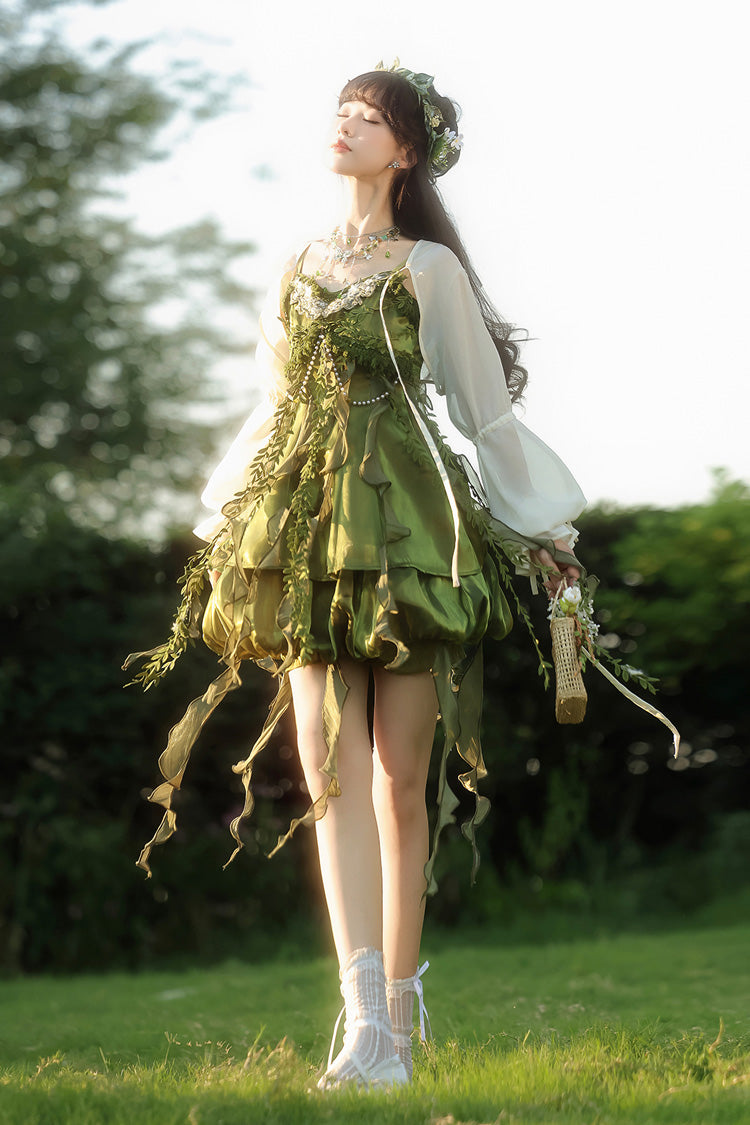 Green [Children of the Forest] Leaf Decoration Ruffle Irregular Sweet Lolita Jsk Dress Set