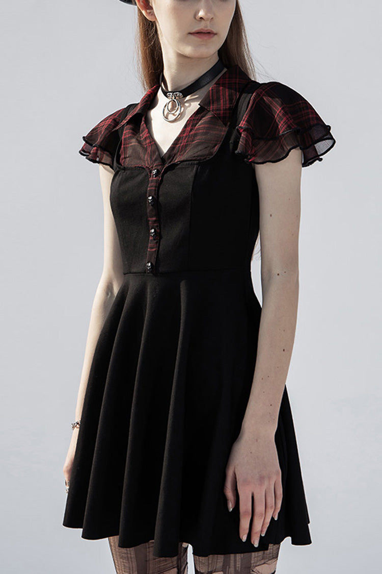 Black/Red V-Neck Ruffled Short-Sleeved Check Chiffon Waisted Skull Stud Women's Punk Dress