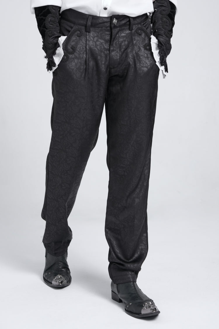 Black Floral Print Embroidery Men's Gothic Suit Pants