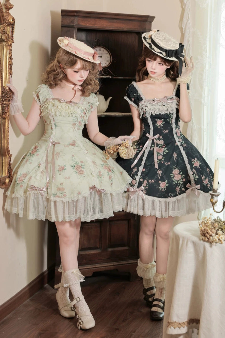 [Perle und Rose] Quadratischer Ausschnitt, kurze Ärmel, Puffärmel, taillierte Taille, Blumendruck, Spitzenschleife, klassisches Lolita-Kleid, 3 Farben (Schwarz, Blau, Hellgrün)