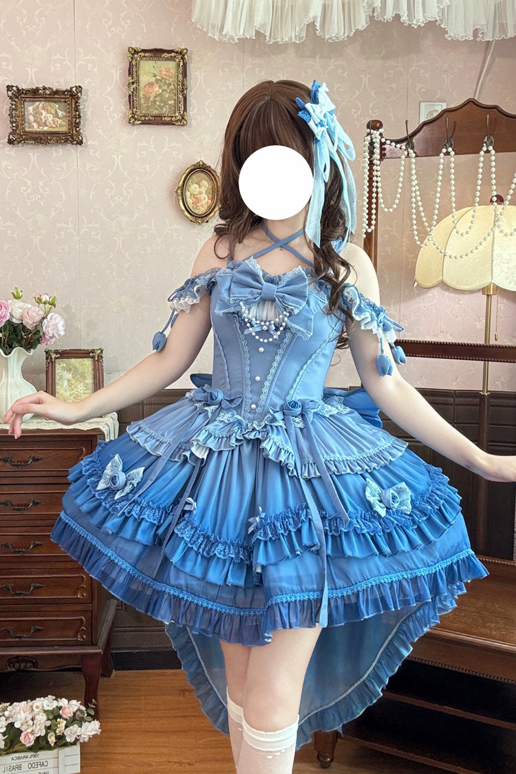 Blau [Peach Mist Melody] Süßes Lolita-Kleid mit quadratischem Kragen, Flatterärmeln, Ombré-Stil, mehrlagig, vorne offen, Schleife, Spitze, Perlendetail