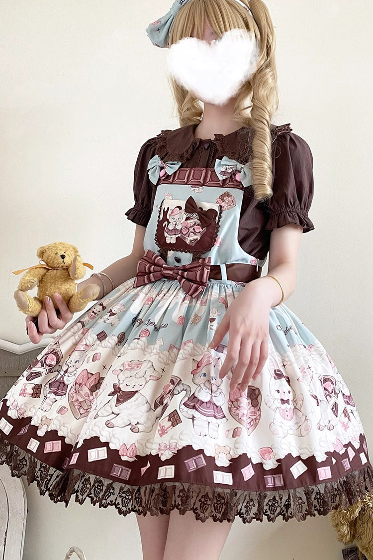 Chocolate Rosette Cat Print Bowknot Stitching Lace Sweet Lolita Jsk Dress 4 Colors