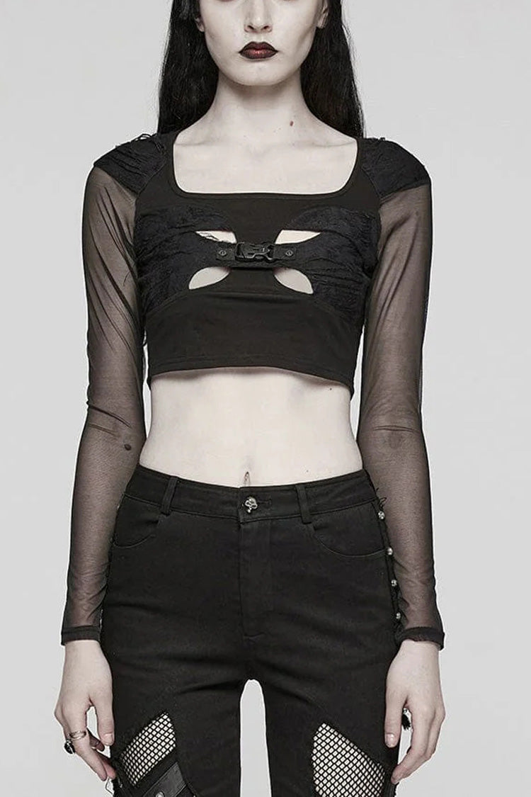 Schwarze langärmlige Gothic-Bluse mit Totenkopf-Schnallendekoration, durchsichtig, für Damen