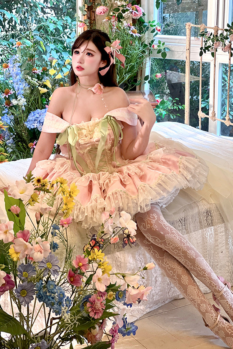 Robe Lolita Princesse Douce Romantique à Nœud Papillon en Dentelle à Lacets à Volants à Double Couche avec Encolure Bateau [Tulip Love Song] Rose 