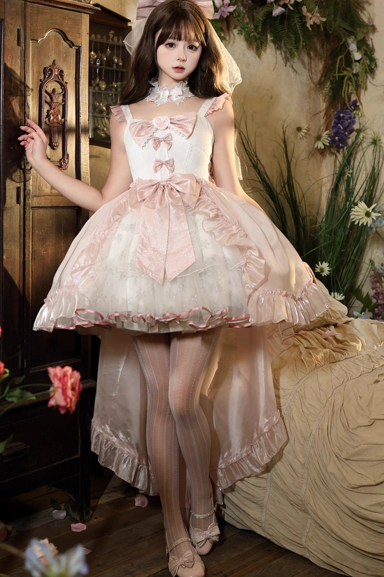 Pink [Star Weaving Dream Language] Sleeveless Ruffled Open-Front Bow Lace Sweet Lolita Jsk Dress Set