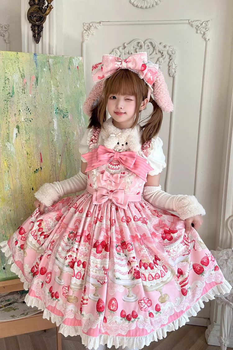 Pink [Strawberry Cake] Printed Ruffled Bow Daily Sweet Lolita Jsk Dress