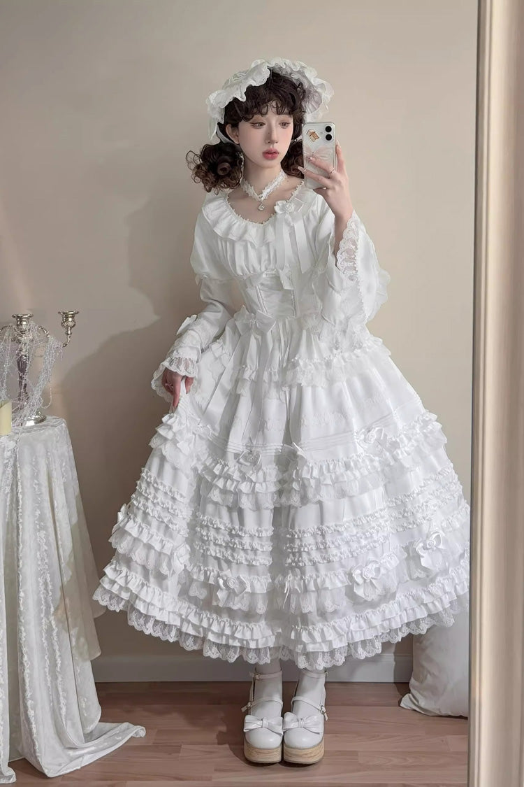 Robe Sweet Lolita en dentelle avec manches courtes à volants, nœud papillon et glaçage blanc [en crème au beurre en couches] 