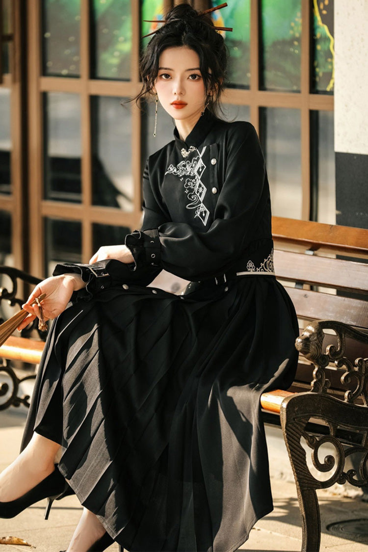 黒の神秘的な長袖中国風シングルブレストハイウエストプリント漢服ドレス