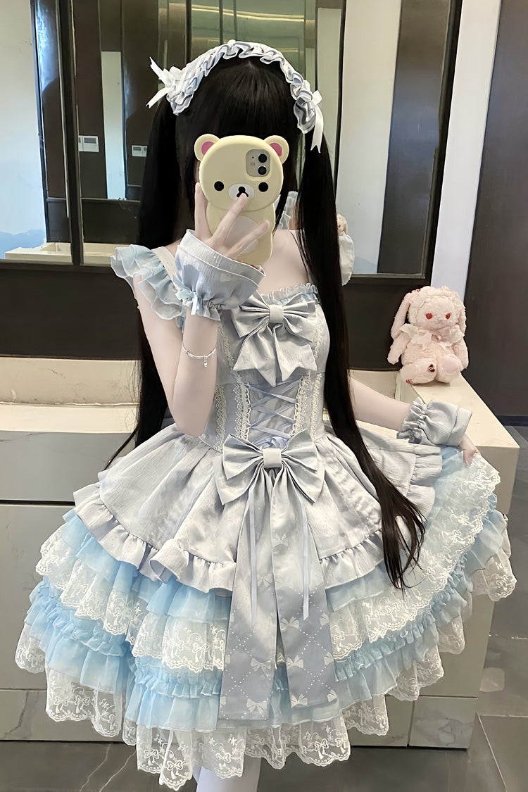 ブルー【ミスティマウンテンベール】ノースリーブ多層フリルリボンレーススイートプリンセスバレエロリータJSKドレス