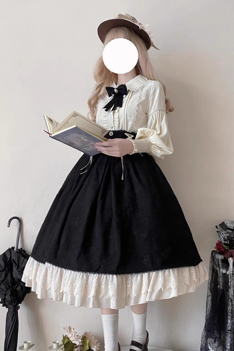 Black [Heart of Rose] High Waisted Ruffle Embroidery Lace-Up Sweet Vintage Elegant Palace Lolita Skirt