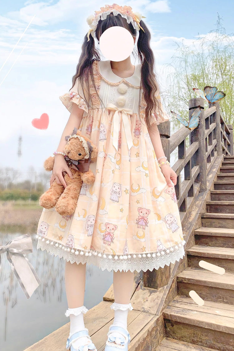 Yellow Doll Collar Short Sleeves Bunny Bear Moon Print Bowknot Stitching Sweet Lolita Dress