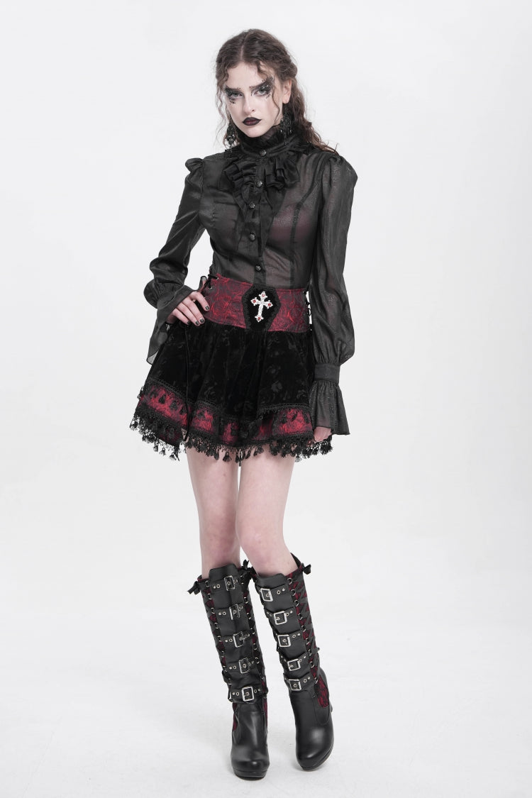 Black/Red Cross Tassel Print Women's Gothic Skirt