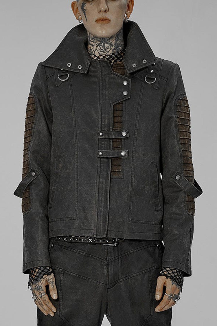 Grey Punk Post Apocalyptic Stitching Asymmetric High Neck Metal Embellished Short Loose Men's Coat