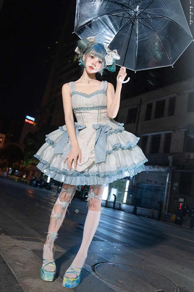 Light Green Multi-layer Ruffle Embroidery Bowknot Chinese Style Sweet Lolita Jsk Dress