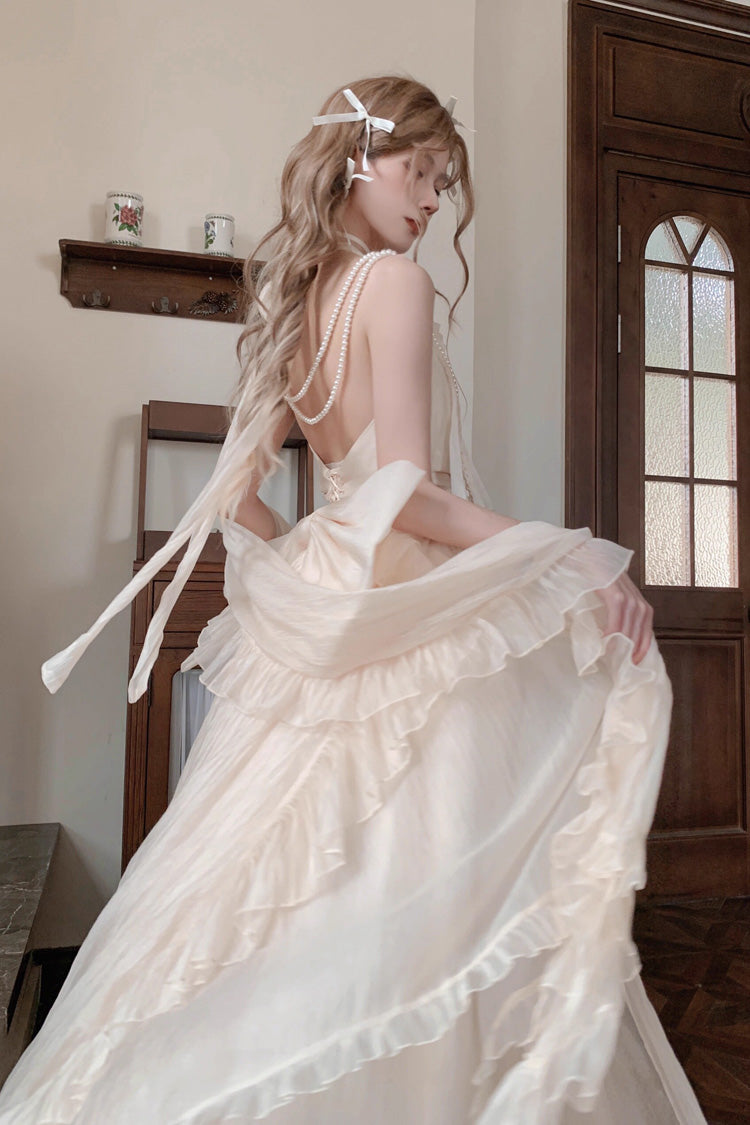 Ensemble de robe longue en dentelle à volants sans manches à col licou abricot avec nœud papillon douce princesse Lolita Jsk 