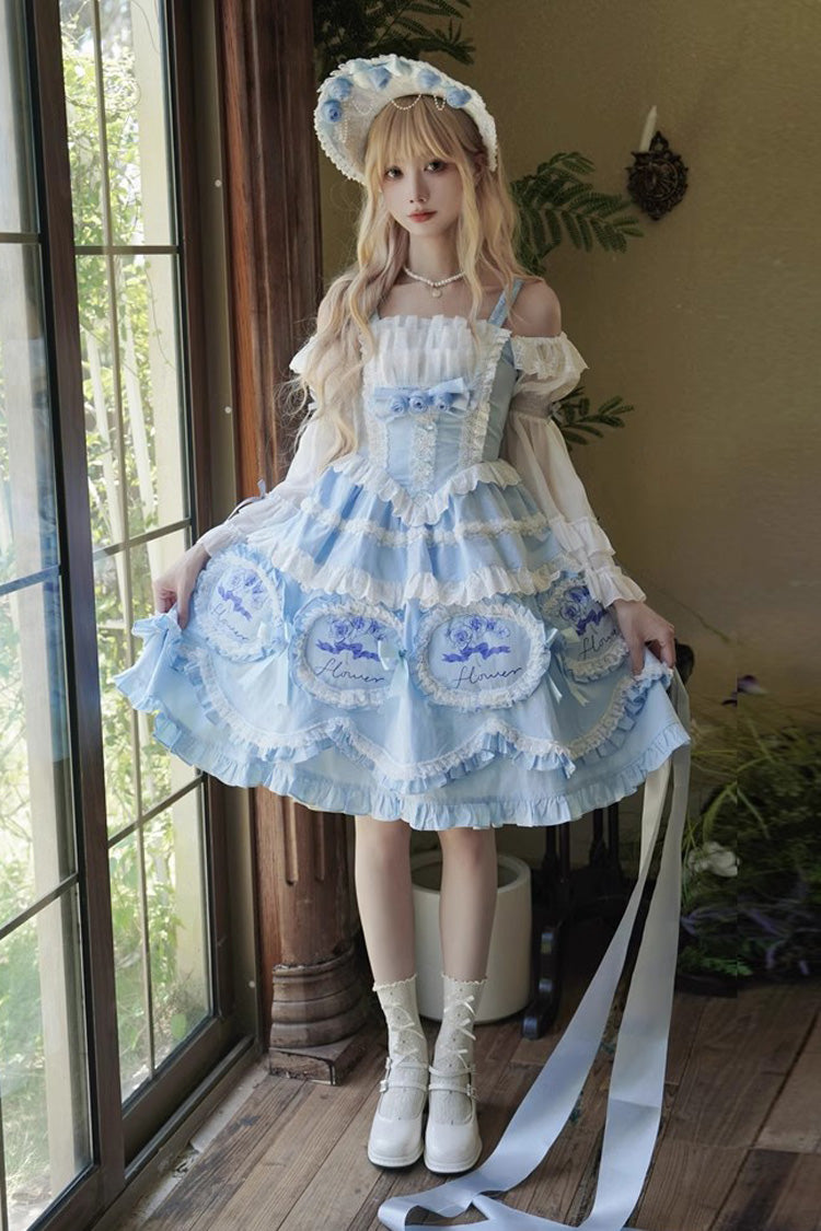 Blue [Butterfly Dream] Multi-Layered Print Ruffle Bowknot Sweet Princess Lolita Jsk Dress