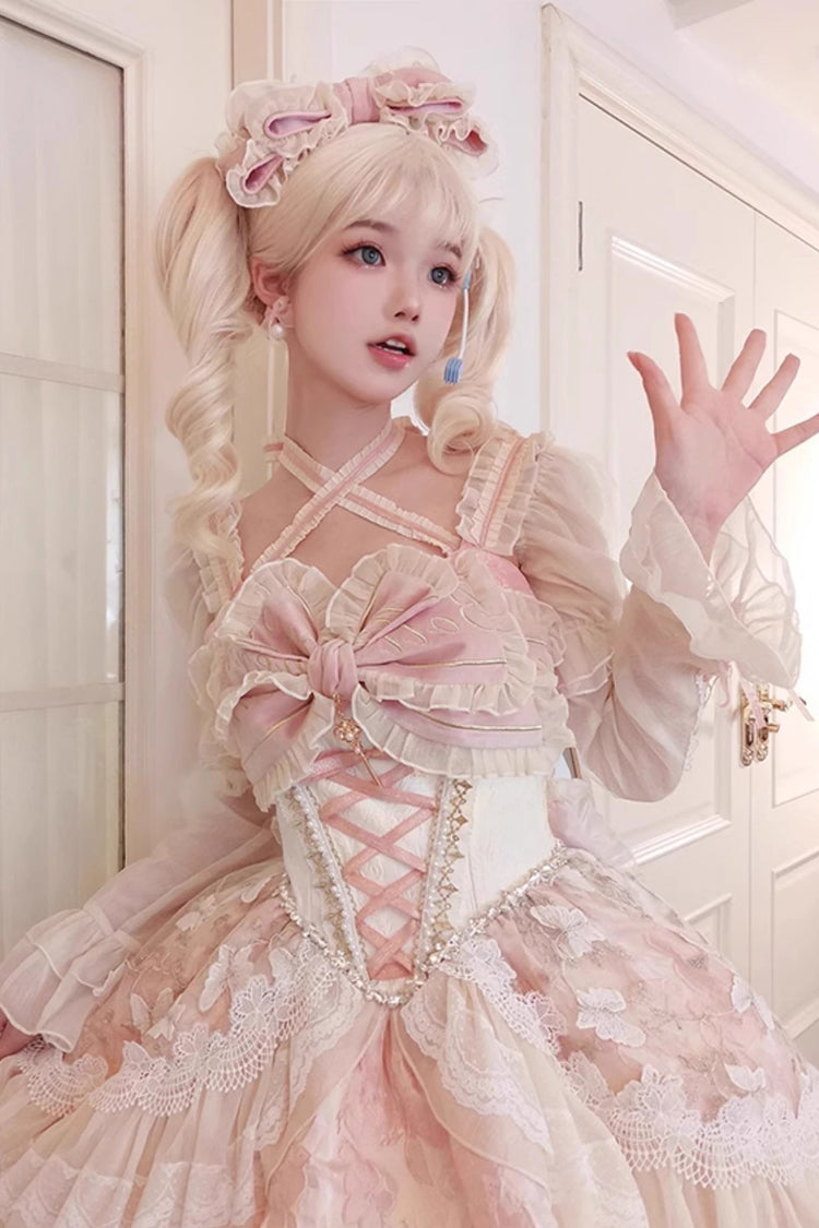 Pink [Lilibet] Print Ruffle Cardigan Bowknot Lace Fishbone Sweet Lolita Dress
