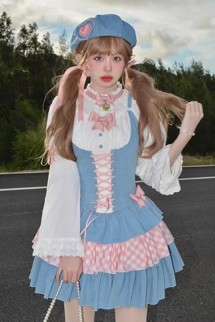 ブルー/ピンク【ロックバレエ】プリント三層フリルリボンレースアップスイートロリータJSKドレス