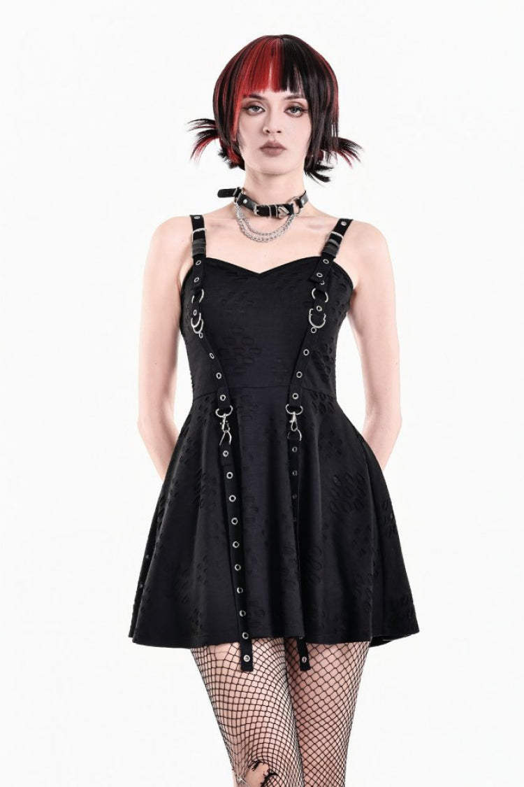 Black Fitted Waist Eyelet Strap O-Ring Distressed Women's Punk Slip Dress